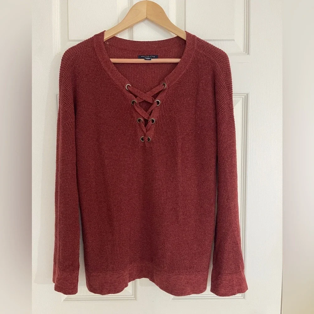 American Eagle Women's Lace-Up Sweater - Rust‎ size small